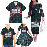 Singapore Family Matching Off The Shoulder Long Sleeve Dress and Hawaiian Shirt with National Icons and Majulah Singapura Script