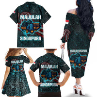 Singapore Family Matching Off The Shoulder Long Sleeve Dress and Hawaiian Shirt with National Icons and Majulah Singapura Script