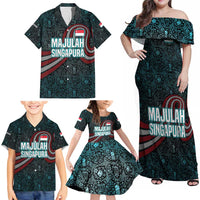 Singapore Family Matching Off Shoulder Maxi Dress and Hawaiian Shirt with National Icons and Majulah Singapura Script