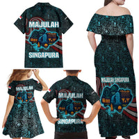 Singapore Family Matching Off Shoulder Maxi Dress and Hawaiian Shirt with National Icons and Majulah Singapura Script
