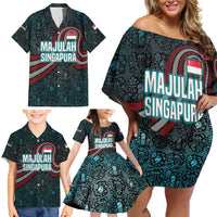 Singapore Family Matching Off Shoulder Short Dress and Hawaiian Shirt with National Icons and Majulah Singapura Script
