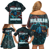Singapore Family Matching Off Shoulder Short Dress and Hawaiian Shirt with National Icons and Majulah Singapura Script