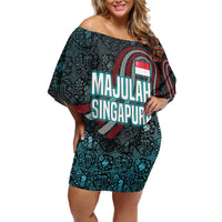 Singapore Family Matching Off Shoulder Short Dress and Hawaiian Shirt with National Icons and Majulah Singapura Script