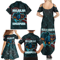 Singapore Family Matching Summer Maxi Dress and Hawaiian Shirt with National Icons and Majulah Singapura Script