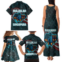 Singapore Family Matching Tank Maxi Dress and Hawaiian Shirt with National Icons and Majulah Singapura Script