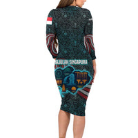 Singapore Long Sleeve Bodycon Dress with National Icons and Majulah Singapura Script