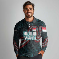 Singapore Long Sleeve Polo Shirt with National Icons and Majulah Singapura Script