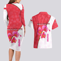 Singapore Couples Matching Long Sleeve Bodycon Dress and Hawaiian Shirt with Orchid Flower Design and National Flag Motif
