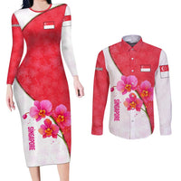 Singapore Couples Matching Long Sleeve Bodycon Dress and Long Sleeve Button Shirt with Orchid Flower Design and National Flag Motif