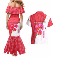 Singapore Couples Matching Mermaid Dress and Hawaiian Shirt with Orchid Flower Design and National Flag Motif