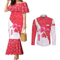 Singapore Couples Matching Mermaid Dress and Long Sleeve Button Shirt with Orchid Flower Design and National Flag Motif