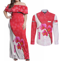 Singapore Couples Matching Off Shoulder Maxi Dress and Long Sleeve Button Shirt with Orchid Flower Design and National Flag Motif