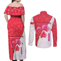 Singapore Couples Matching Off Shoulder Maxi Dress and Long Sleeve Button Shirt with Orchid Flower Design and National Flag Motif