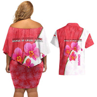 Singapore Couples Matching Off Shoulder Short Dress and Hawaiian Shirt with Orchid Flower Design and National Flag Motif