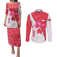 Singapore Couples Matching Puletasi and Long Sleeve Button Shirt with Orchid Flower Design and National Flag Motif