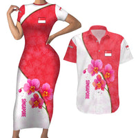 Singapore Couples Matching Short Sleeve Bodycon Dress and Hawaiian Shirt with Orchid Flower Design and National Flag Motif
