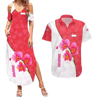 Singapore Couples Matching Summer Maxi Dress and Hawaiian Shirt with Orchid Flower Design and National Flag Motif