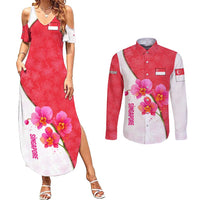 Singapore Couples Matching Summer Maxi Dress and Long Sleeve Button Shirt with Orchid Flower Design and National Flag Motif