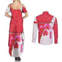 Singapore Couples Matching Summer Maxi Dress and Long Sleeve Button Shirt with Orchid Flower Design and National Flag Motif