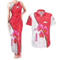 Singapore Couples Matching Tank Maxi Dress and Hawaiian Shirt with Orchid Flower Design and National Flag Motif