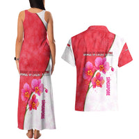 Singapore Couples Matching Tank Maxi Dress and Hawaiian Shirt with Orchid Flower Design and National Flag Motif