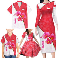 Singapore Family Matching Long Sleeve Bodycon Dress and Hawaiian Shirt with Orchid Flower Design and National Flag Motif