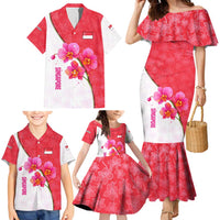 Singapore Family Matching Mermaid Dress and Hawaiian Shirt with Orchid Flower Design and National Flag Motif