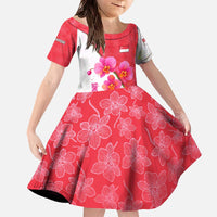 Singapore Family Matching Off The Shoulder Long Sleeve Dress and Hawaiian Shirt with Orchid Flower Design and National Flag Motif