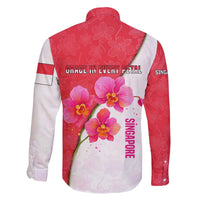 Singapore Family Matching Off The Shoulder Long Sleeve Dress and Hawaiian Shirt with Orchid Flower Design and National Flag Motif