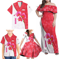 Singapore Family Matching Off Shoulder Maxi Dress and Hawaiian Shirt with Orchid Flower Design and National Flag Motif