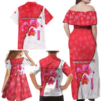 Singapore Family Matching Off Shoulder Maxi Dress and Hawaiian Shirt with Orchid Flower Design and National Flag Motif