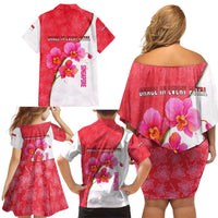 Singapore Family Matching Off Shoulder Short Dress and Hawaiian Shirt with Orchid Flower Design and National Flag Motif