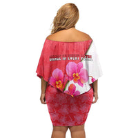 Singapore Family Matching Off Shoulder Short Dress and Hawaiian Shirt with Orchid Flower Design and National Flag Motif