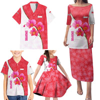 Singapore Family Matching Puletasi and Hawaiian Shirt with Orchid Flower Design and National Flag Motif