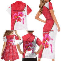 Singapore Family Matching Short Sleeve Bodycon Dress and Hawaiian Shirt with Orchid Flower Design and National Flag Motif