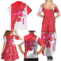 Singapore Family Matching Summer Maxi Dress and Hawaiian Shirt with Orchid Flower Design and National Flag Motif