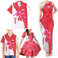 Singapore Family Matching Tank Maxi Dress and Hawaiian Shirt with Orchid Flower Design and National Flag Motif