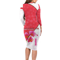 Singapore Long Sleeve Bodycon Dress with Orchid Flower Design and National Flag Motif