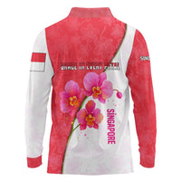Singapore Long Sleeve Polo Shirt with Orchid Flower Design and National Flag Motif