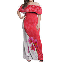 Singapore Off Shoulder Maxi Dress with Orchid Flower Design and National Flag Motif