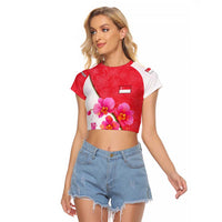 Singapore Raglan Cropped T Shirt with Orchid Flower Design and National Flag Motif
