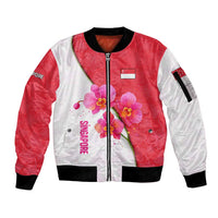 Singapore Sleeve Zip Bomber Jacket with Orchid Flower Design and National Flag Motif