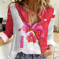Singapore Women Casual Shirt with Orchid Flower Design and National Flag Motif