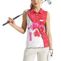 Singapore Women Sleeveless Polo Shirt with Orchid Flower Design and National Flag Motif