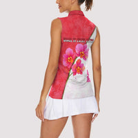 Singapore Women Sleeveless Polo Shirt with Orchid Flower Design and National Flag Motif