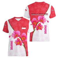 Singapore Women V-Neck T-Shirt with Orchid Flower Design and National Flag Motif