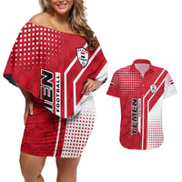 Yemen Football Couples Matching Off Shoulder Short Dress and Hawaiian Shirt with Red and White Flag Design