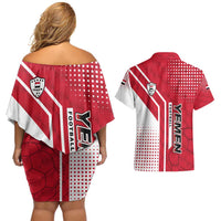 Yemen Football Couples Matching Off Shoulder Short Dress and Hawaiian Shirt with Red and White Flag Design