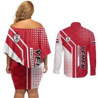 Yemen Football Couples Matching Off Shoulder Short Dress and Long Sleeve Button Shirt with Red and White Flag Design