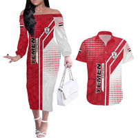 Yemen Football Couples Matching Off The Shoulder Long Sleeve Dress and Hawaiian Shirt with Red and White Flag Design